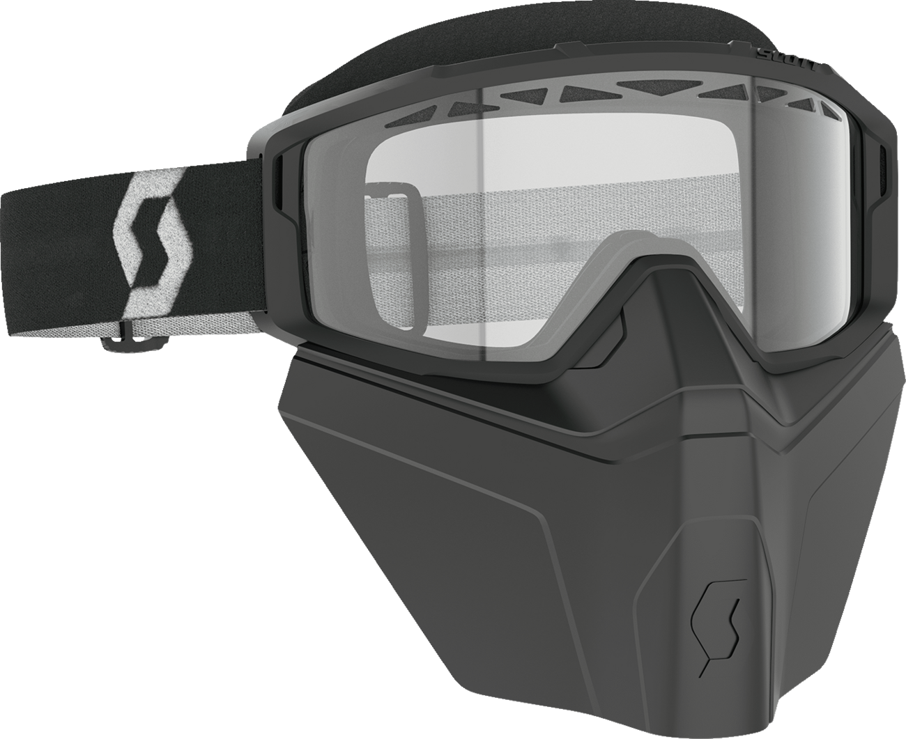 Scott Primal Safari snow goggles with black and white frame and clear lens, featuring adjustable strap and foam padding.