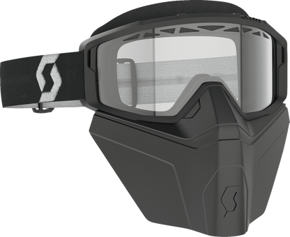 Scott Primal Safari snow goggles with black and white frame and clear lens, featuring adjustable strap and foam padding.