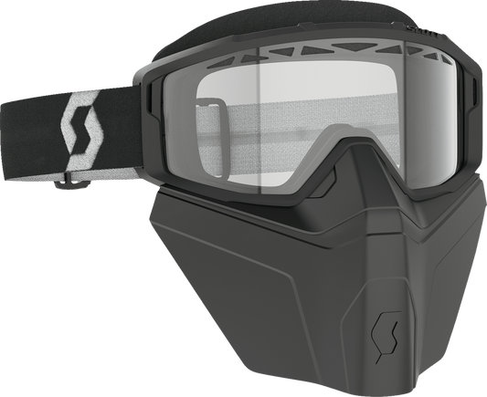 Scott Primal Safari snow goggles with black and white frame and clear lens, featuring adjustable strap and foam padding.