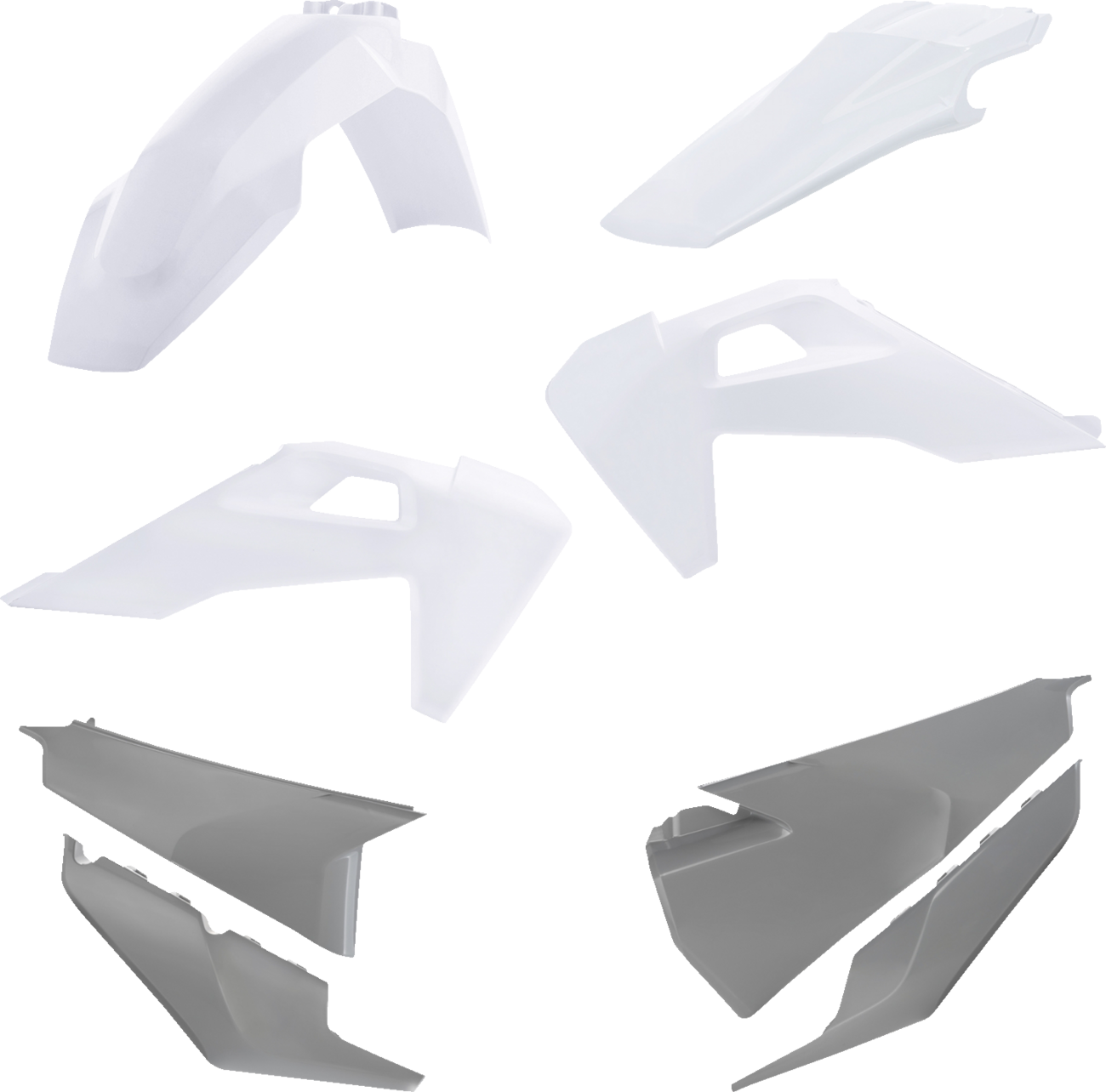 A white and gray Acerbis full replacement body kit for OEM '23 motorcycle, shown on a plain background.