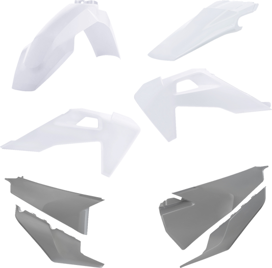 A white and gray Acerbis full replacement body kit for OEM '23 motorcycle, shown on a plain background.