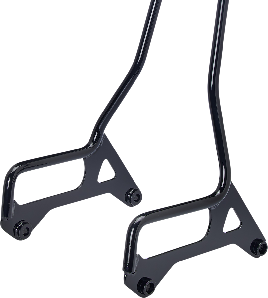 Gloss black BILT WELL EXFIL Sissy Bar XL for motorcycles, showcasing the sleek, sturdy design and mounting hardware.