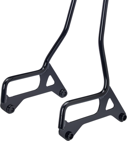 Gloss black BILT WELL EXFIL Sissy Bar XL for motorcycles, showcasing the sleek, sturdy design and mounting hardware.