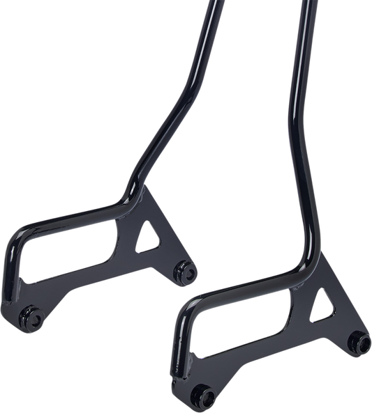 Gloss black BILT WELL EXFIL Sissy Bar XL for motorcycles, showcasing the sleek, sturdy design and mounting hardware.