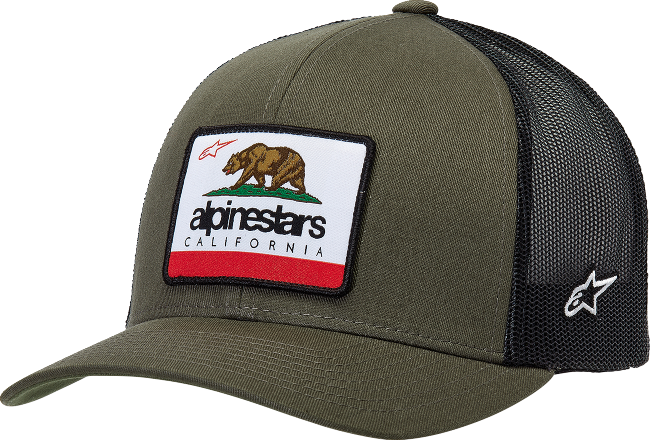 Alpinestars Cali 2.0 black military-style hat with adjustable one size fit, featuring embroidered branding and sturdy fabric.