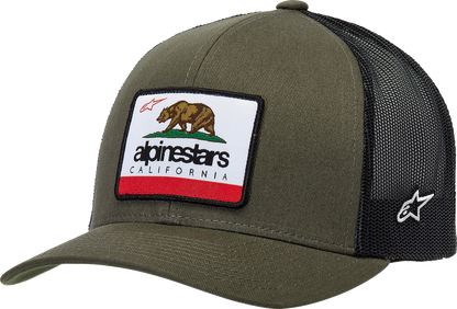 Alpinestars Cali 2.0 black military-style hat with adjustable one size fit, featuring embroidered branding and sturdy fabric.
