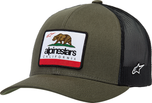 Alpinestars Cali 2.0 black military-style hat with adjustable one size fit, featuring embroidered branding and sturdy fabric.