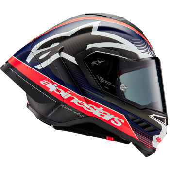 Alpinestars Supertech R10 motorcycle helmet in matte black, carbon red fluo, and blue with racing helmet design, XS size.