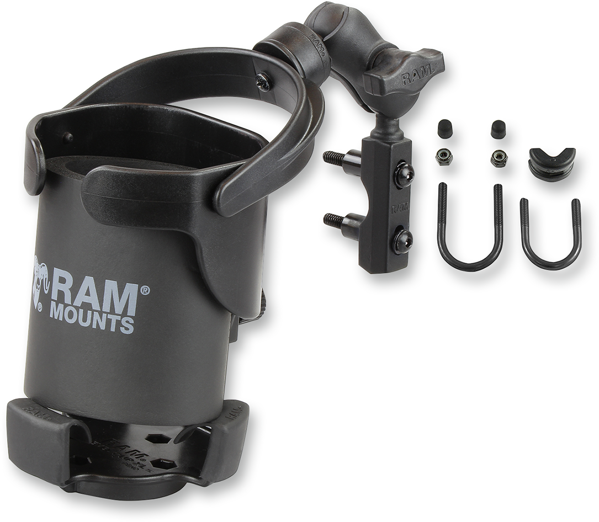 RAM MOUNTS XL Cup Holder engine mount kit by Bill's Exhausts, showing the sturdy aluminum construction and mounting hardware.