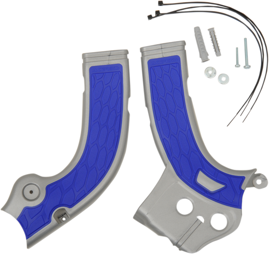A set of ACERBIS X-Grip Frame Guards in silver and blue, designed for motorcycle body protection, shown in the image.