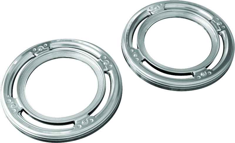 Kuryakyn Rear Speaker Accents for Harley-Davidson in chrome, designed to enhance motorcycle rear speaker appearance.