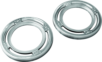 Kuryakyn Rear Speaker Accents for Harley-Davidson in chrome, designed to enhance motorcycle rear speaker appearance.