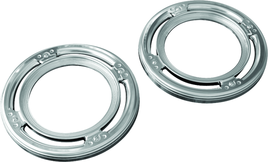 Kuryakyn Rear Speaker Accents for Harley-Davidson in chrome, designed to enhance motorcycle rear speaker appearance.