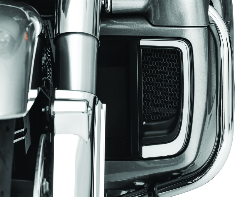 Kuryakyn Tracer Lower Fairing Grill in black for Harley Davidson touring models, showing the sleek front view of the motorcycle accessory.