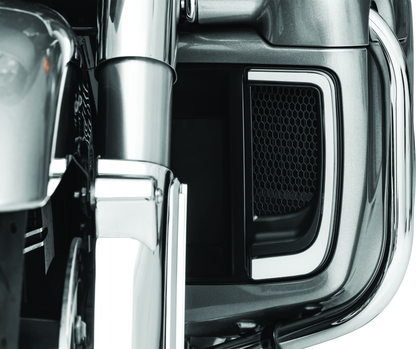 Kuryakyn Tracer Lower Fairing Grill in black for Harley Davidson touring models, showing the sleek front view of the motorcycle accessory.