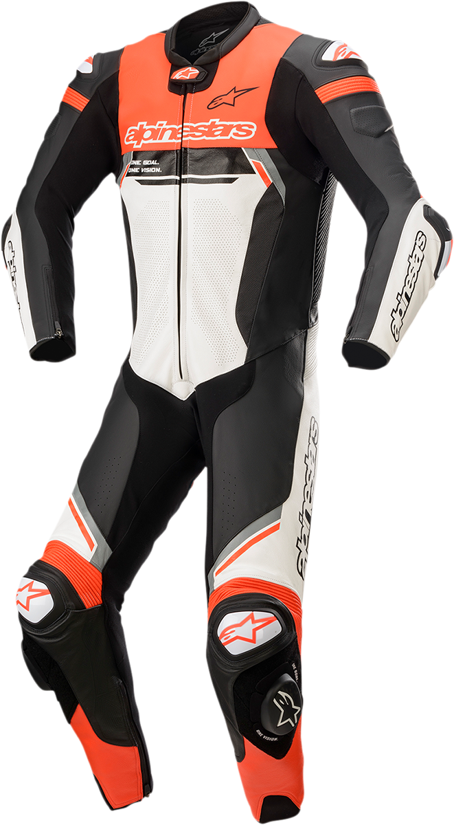 Alpinestars Missile Ignition v2 leather racing suit in black, white, and red fluorescent with protective padding and sleek design.
