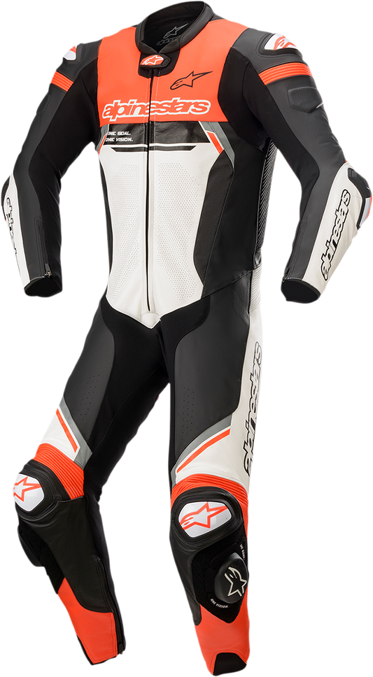 Alpinestars Missile Ignition v2 leather racing suit in black, white, and red fluorescent with protective padding and sleek design.