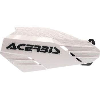 Black and white Acerbis K-Linear handguards for motorcycles, mounted on handlebars, with sturdy protective design.