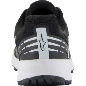 Alpinestars Meta Road V2 black and white riding shoes with white sole, US size 8, featuring sleek design and durable construction.