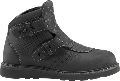 Black ICON El Bajo2 Boots by Bill's Exhausts, US 13, shown from the front with ankle height and sleek leather design.