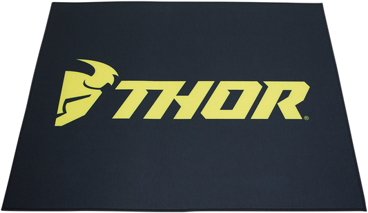 Black and yellow THOR motorcycle pit area mat with absorbent surface, designed for small pit areas, model HC80100THOR.