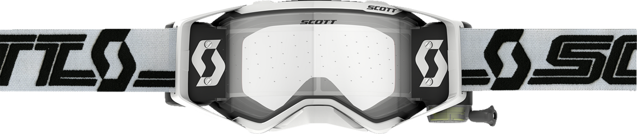 Scott Prospect Super WFS goggles in white and black with clear lenses, designed for motocross or off-road riding.