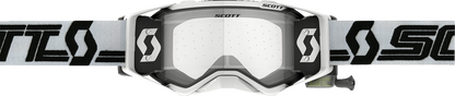 Scott Prospect Super WFS goggles in white and black with clear lenses, designed for motocross or off-road riding.