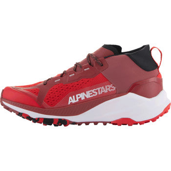 Alpinestars Meta XR v2 racing shoes in bright red, dark red, and white, size US 13.5, with detailed design and branding visible.