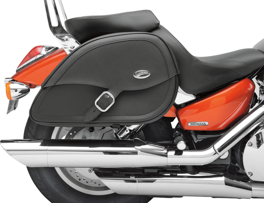 SADDLEMEN Drifter Rigid-Mount Teardrop Saddlebags for VN900 motorcycle, featuring durable leather design and specific fit for Bill's Exhausts.