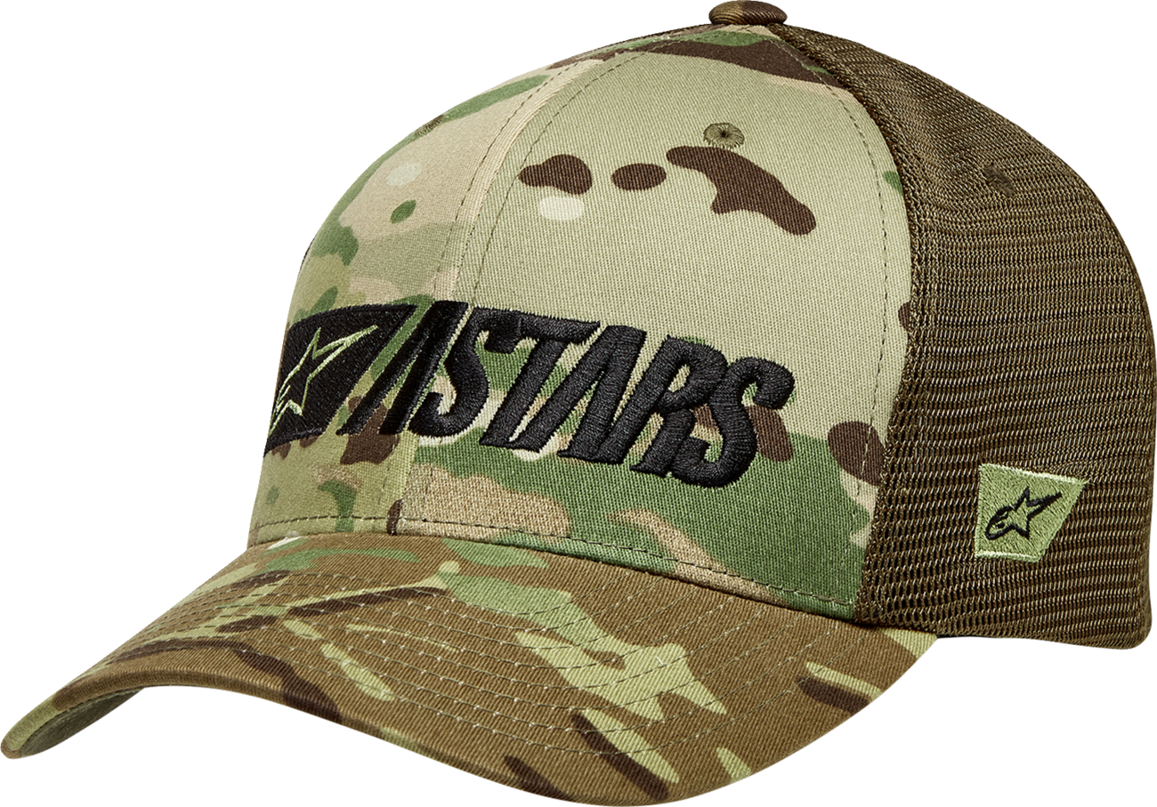 Bill's Exhausts Reblaze Multicamo military-style protective hat by ALPINESTARS, one size, with camouflage pattern and durable material.