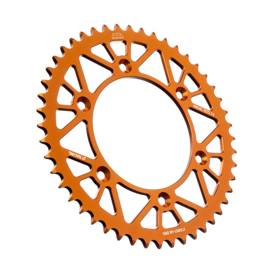JT RaceLite rear 48-tooth aluminum sprocket for Husqvarna, KTM, and Honda bikes, showcasing the lightweight, durable sprocket design.