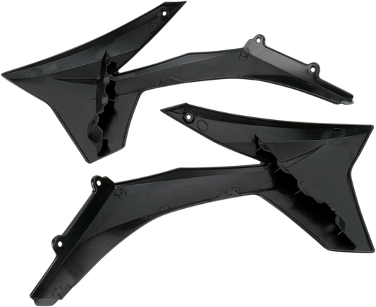Acerbis black radiator shrouds for motorcycle body protection, featuring sleek black design and detailed mounting points.