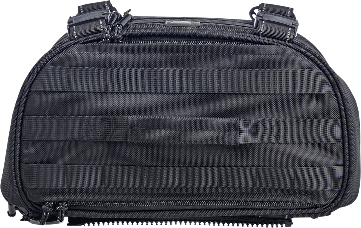 Black Biltwell Exfil-18 Saddlebags by Bill's Exhausts, showing sleek leather bags mounted on motorcycle side.