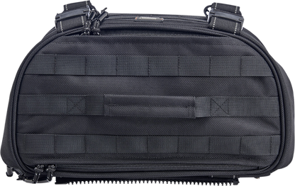Black Biltwell Exfil-18 Saddlebags by Bill's Exhausts, showing sleek leather bags mounted on motorcycle side.