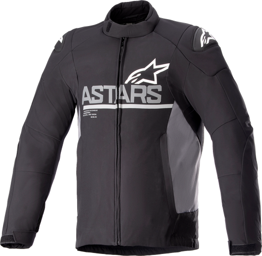 Alpinestars SMX waterproof motorcycle jacket in black and gray, medium size, with visible waterproof material and jacket design.