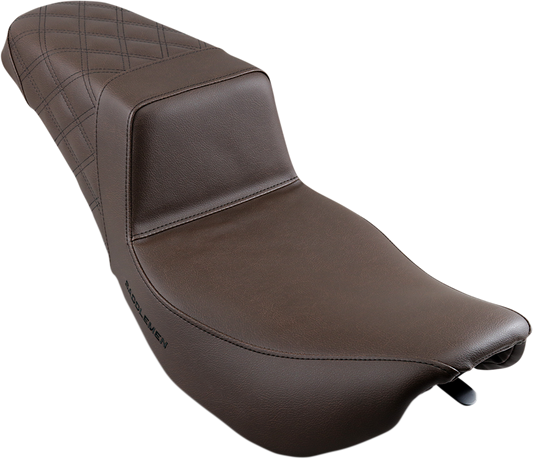 Brown SADDLEMEN Step-Up Seat with rear lattice stitch for motorcycles, designed for comfort and style.