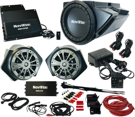 Bill's Exhausts NAVATLAS Audio Kit Zone 3 Turbo RZR4ZONE3 speakers installed in a vehicle for enhanced sound.