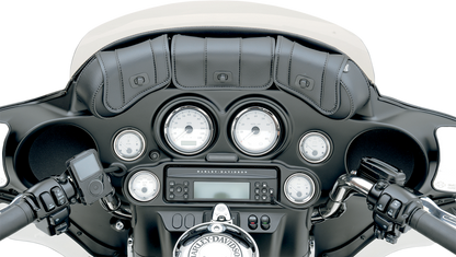 Bill's Exhausts SADDLEMEN Windshield Bag for FLH motorcycle seats, shown attached to a bike windshield.