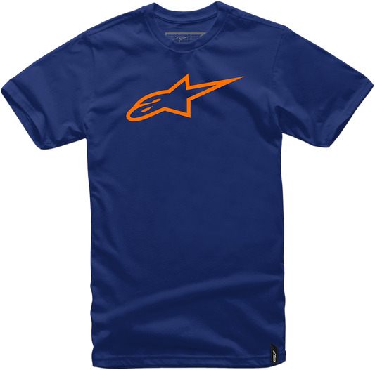 Alpinestars Ageless T-Shirt in navy and orange, medium size, casual cotton tee with brand logo, displayed on a plain background.