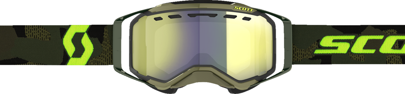 Scott Prospect Snow Cross Goggle in khaki green and neon yellow with enhancer yellow chrome lens, designed for winter sports.
