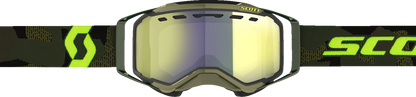 Scott Prospect Snow Cross Goggle in khaki green and neon yellow with enhancer yellow chrome lens, designed for winter sports.