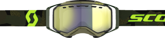 Scott Prospect Snow Cross Goggle in khaki green and neon yellow with enhancer yellow chrome lens, designed for winter sports.
