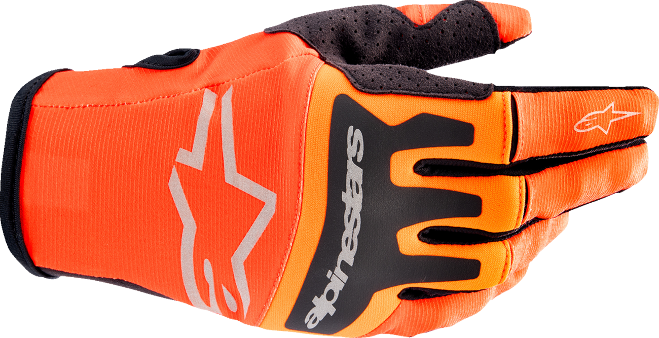 Alpinestars Techstar motorcycle gloves in hot orange and black, 2XL size, featuring protective knuckles and breathable design.