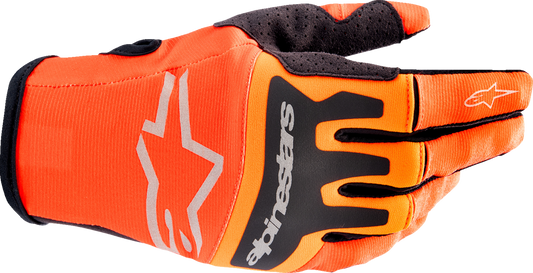 Alpinestars Techstar motorcycle gloves in hot orange and black, 2XL size, featuring protective knuckles and breathable design.