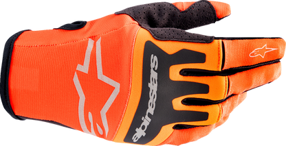 Alpinestars Techstar motorcycle gloves in hot orange and black, medium size, featuring protective knuckles and durable design.