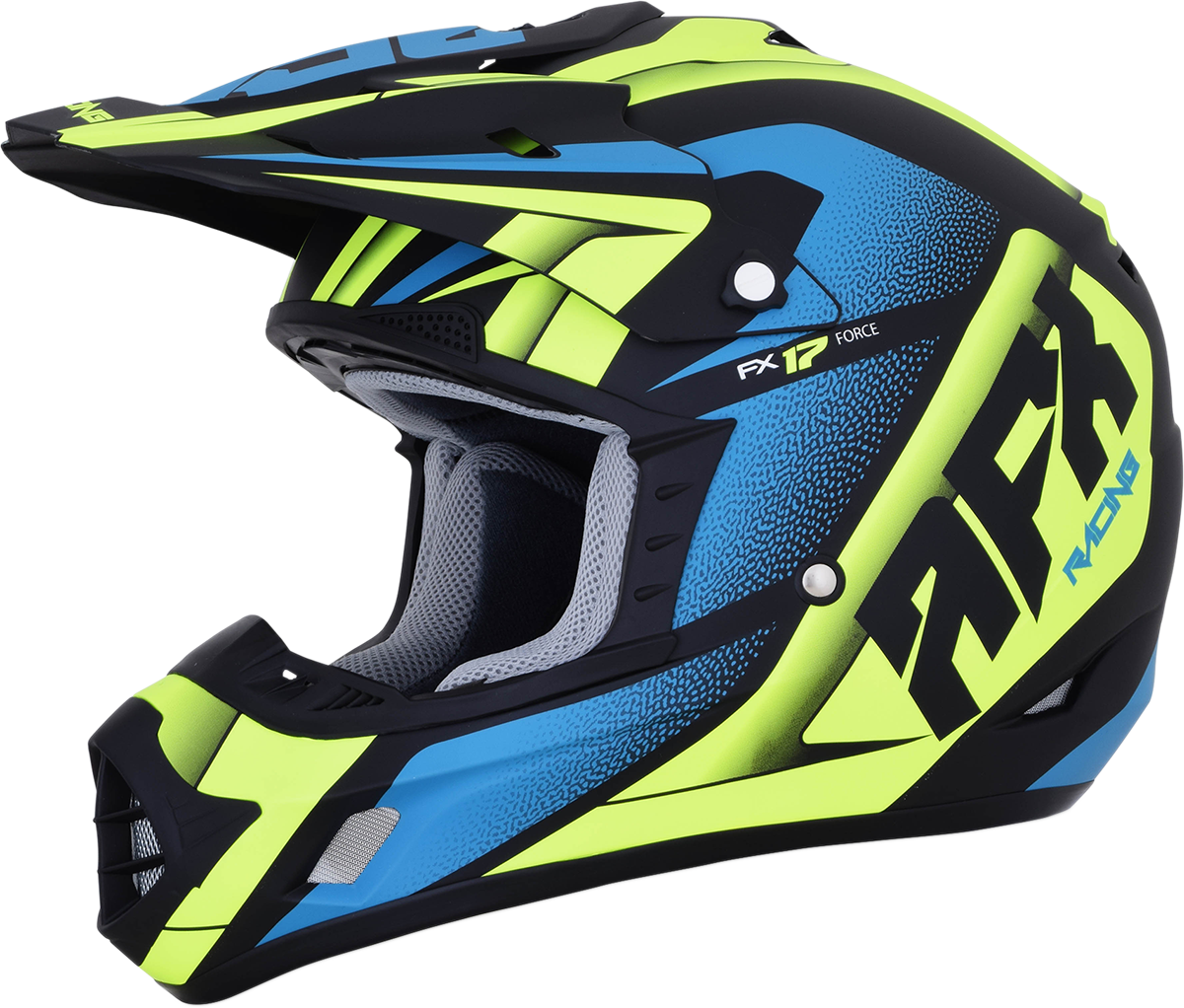AFX FX-17 Force helmet in matte black, green, and blue with 2XL size, featuring aerodynamic design and bold graphics.