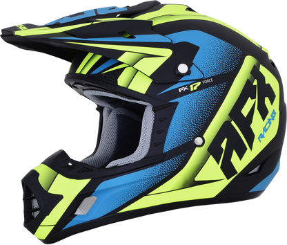 AFX FX-17 Force helmet in matte black, green, and blue with 2XL size, featuring aerodynamic design and bold graphics.