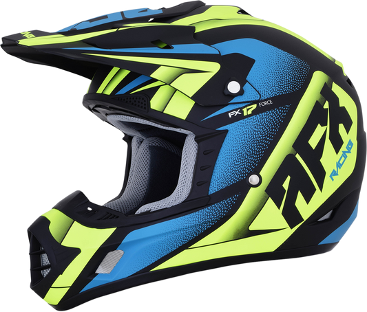 AFX FX-17 Force helmet in matte black, green, and blue with 2XL size, featuring aerodynamic design and bold graphics.