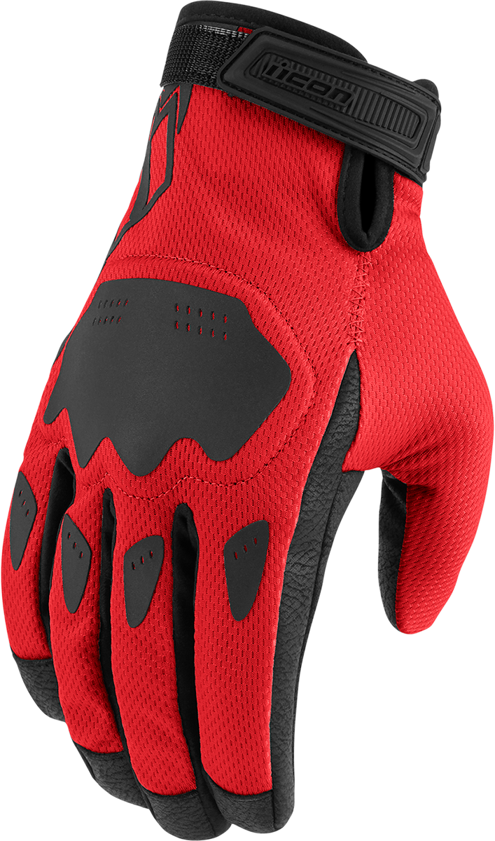 Red ICON Hooligan™ CE Gloves by Bill's Exhausts, small size, showing textured leather and secure wrist strap.