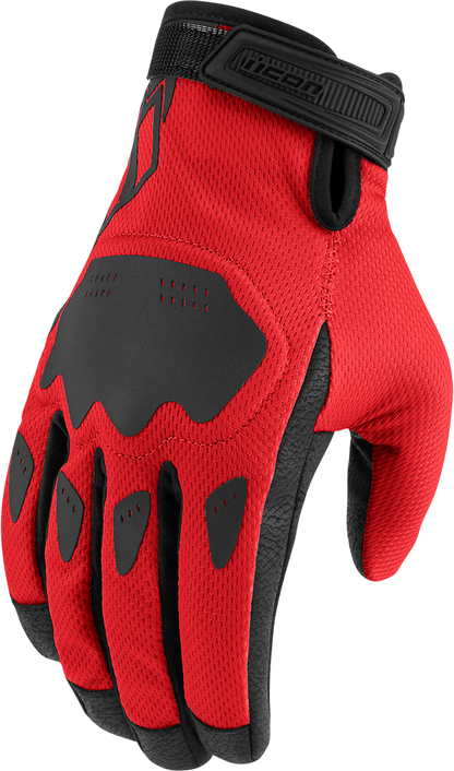 Red ICON Hooligan™ CE Gloves by Bill's Exhausts, small size, showing textured leather and secure wrist strap.